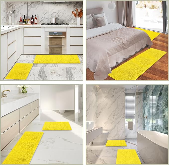 Yellow Bathroom Rugs Sets 2 Piece – Absorbent and Washable Bath Mat, Non-Slip, Thick Soft Chenille Bath Rugs for Bathroom Floor, Shower, Sink - 17" x 24"+20" x 32"