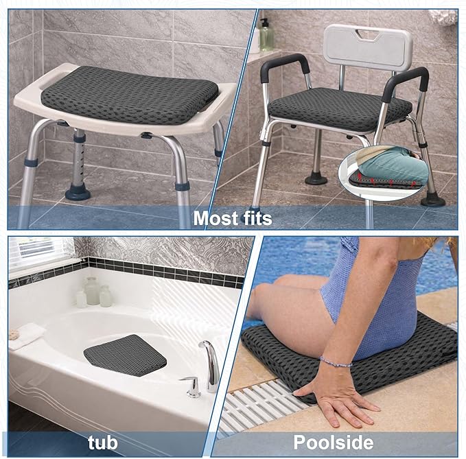 SPRING SEAON Shower Chair Cushion, Gel Shower Seat Cushion with Non-Slip Silicone Bottom, Quick-Dry Mesh Bath Seat Pad, Soft Washable Shower Bench Cushion for Seniors & Adults (Grey)