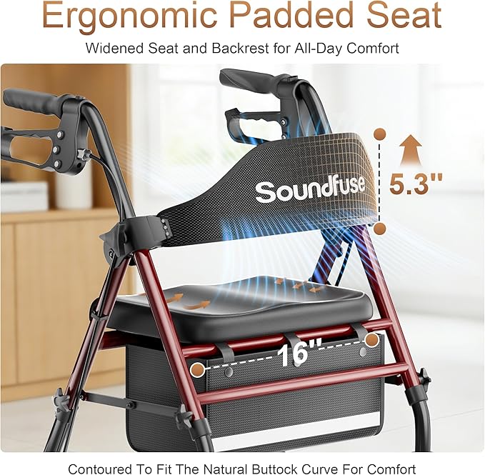 SOUNDFUSE Walkers for Seniors, Rollator Walker with Seat, 8" All Terrain Wheels, Double Support Bar, 16" Ergonomic Arc Seat and Comfortable Backrest, Dual Height Adjustable and Foldable Design
