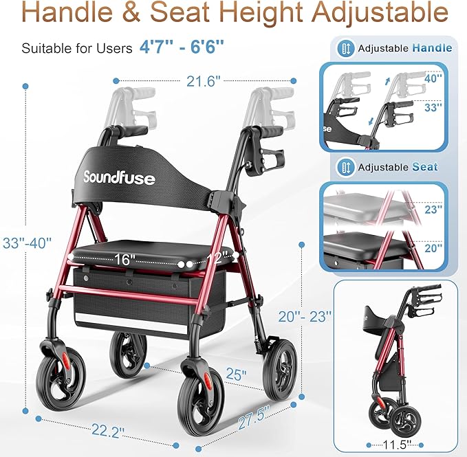 SOUNDFUSE Walkers for Seniors, Rollator Walker with Seat, 8" All Terrain Wheels, Double Support Bar, 16" Ergonomic Arc Seat and Comfortable Backrest, Dual Height Adjustable and Foldable Design