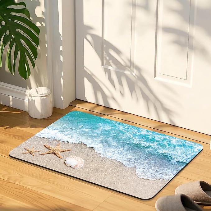 Quick Dry Bath Mat for Bathroom,Super Absorbent Beach Seashell Bath Rug Non-Slip Rubber Backing,Machine Washable Bathroom Floor Mat for Shower, Tub, Sink Area Ocean Blue 16x24