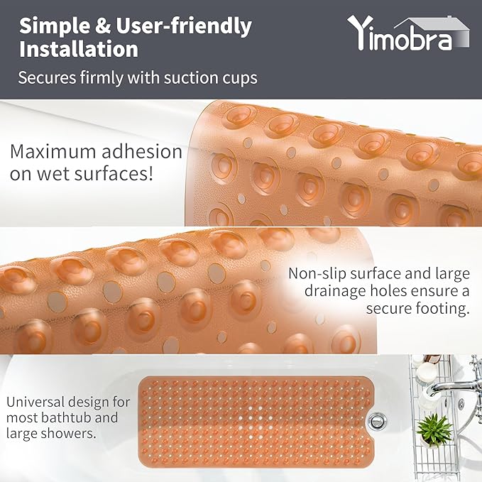 Yimobra Non Slip Bathtub Mat 40 x 16 Inch, Extra Long Shower Mat with Drain Holes, Machine Washable Baby Bath Mats, Strong Suction Cups for Bathroom Floor, Clear Brown
