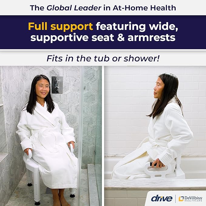 Drive Medical Bathroom Bench with Back & Arms - Adjustable Height - Suction Tip Legs for Stability - Durable Plastic Seat - 350 Lb Capacity - White