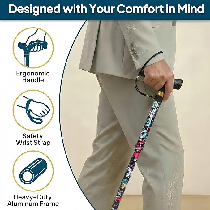 Walking Cane with LED Light, Foldable,Adjustable, Self Standing Walking Canes for Men & Women,Walking Sticks with Quad Base for Seniors & Adults