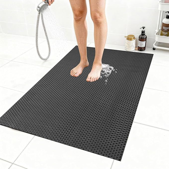 Extra Large Non-Slip Shower Mat, Fast-Dry PVC Bath Stall & Tub Mat, Drain-Hole Design,for Shower Stall Tub for Elderly/Kids，Non Slip Bathroom Safety Accessory，Black 32"x47"