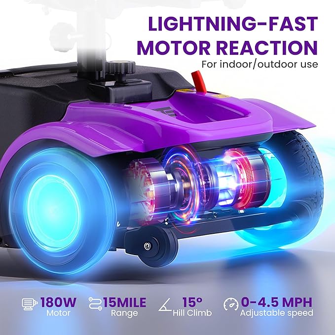 Arshin Mobility Scooter, Electric Foldable Mobility Scooter 300lbs Capacity with Detachable Battery, 15-Miles Powered Mobility Scooters for Seniors & Adults with USB Port, Charger Included (Purple)