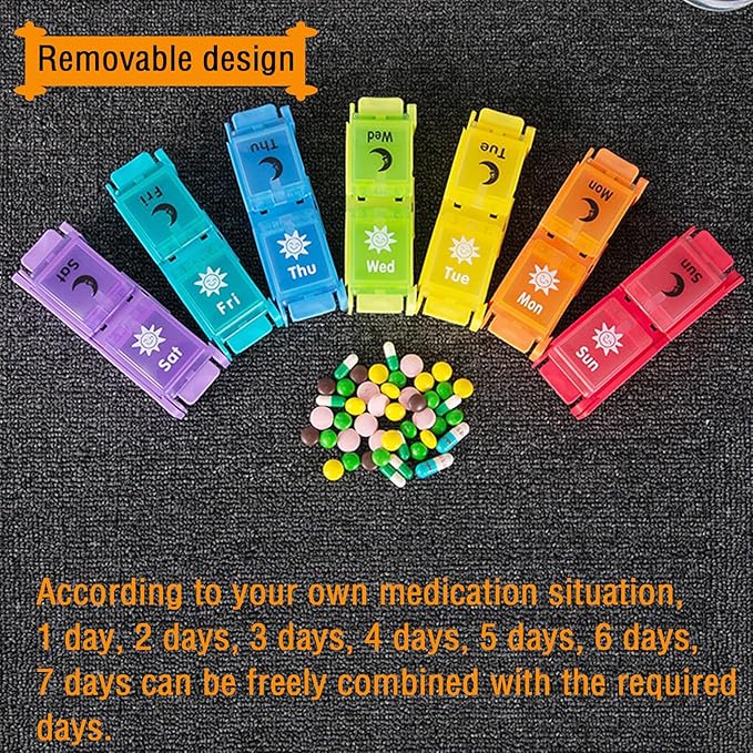 AM PM Pill Organizer 2 Times a Day, 7 Removable Daily Pill Cases with Color-Matched Lids & Base, Permanent Printed Day Labels, Large Capacity for Capsules, Fish Oil & Vitamins, BPA-Free