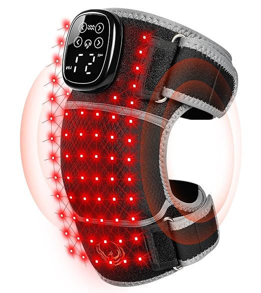 Seenew Red Light Therapy Knee Brace with Vibration Massage, Heated Knee Massager with Rechargeable Controller, 660nm & 850nm Red Light Therapy Heated Device for Knee, Elbow, Shoulder (Black-Grey)