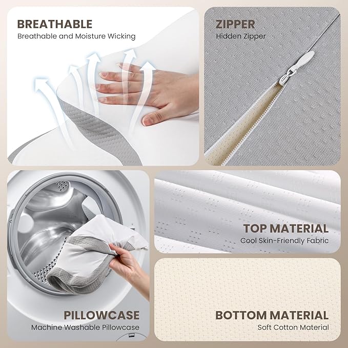 JINXIA Cervical Neck Pillow for Sleeping, Odorless Memory Foam Pillows & Soft Silk Cover, Ergonomic Orthopedic Pillow for Side Back Stomach Sleepers, Neck and Shoulder Pain Relief, White and Gray