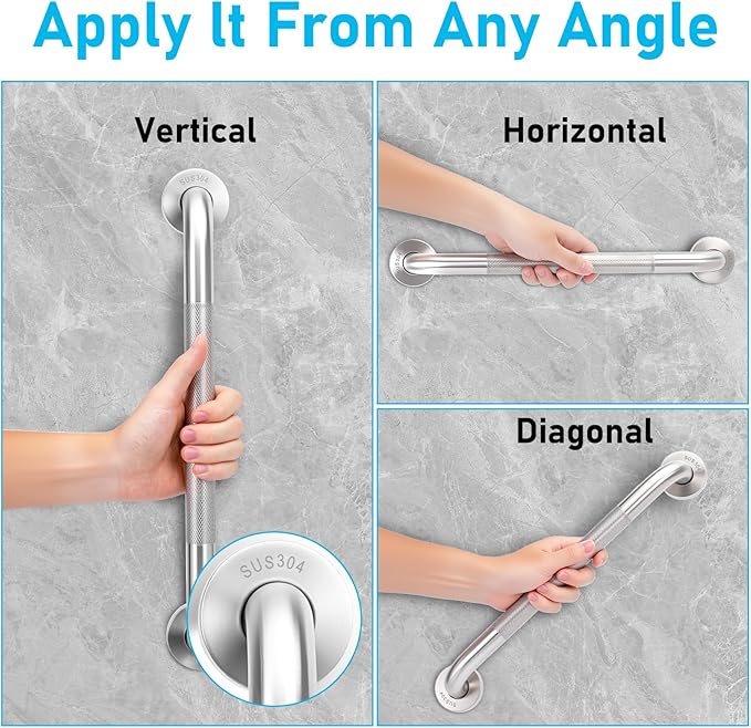 2-Pack, Shower Grab Bars & Bathtub Safety Handles - 304 Stainless Steel Textured Non-Slip Assist Rails for Anti-Fall Support in Tub, Shower, and Toilet Areas (Silver, 16 Inch)