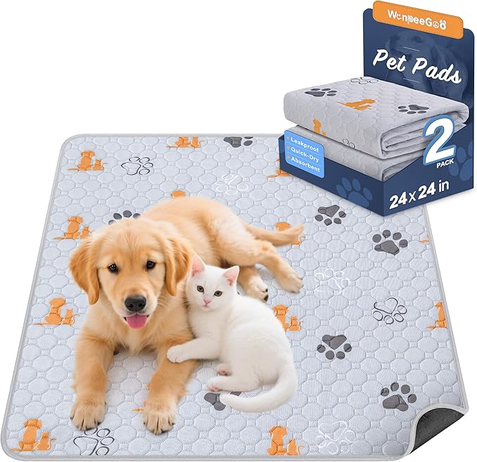 WanpeeGoo Washable Pee Pads for Dogs, 2 Pack Absorbent Reusable Training Dog Pads Pet Puppy Pads, Non-Slip Potty Pads for Whelping, Playpen, Crate, Bed, Orange, 24"x24"