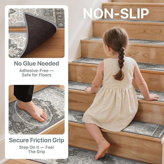 Non Slip Stair Treads for Wooden Steps 15PCS - 8"x30" Indoor Safety Carpet, Edging Mats with TPE Adhesive Backing, Pet and Elderly Friendly Stair Rugs (Tawny Grey)