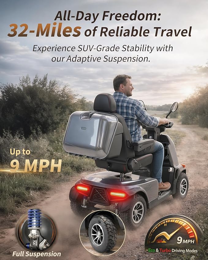Ecomobi All-Terrain Heavy Duty Mobility Scooter for Seniors & Adults, 1000W Powerful Motor, 550 lbs Weight Capacity, 32 Mile Extended Range, 9 MPH, 13” Pneumatic Tires, Full Suspension, FDA Cleared