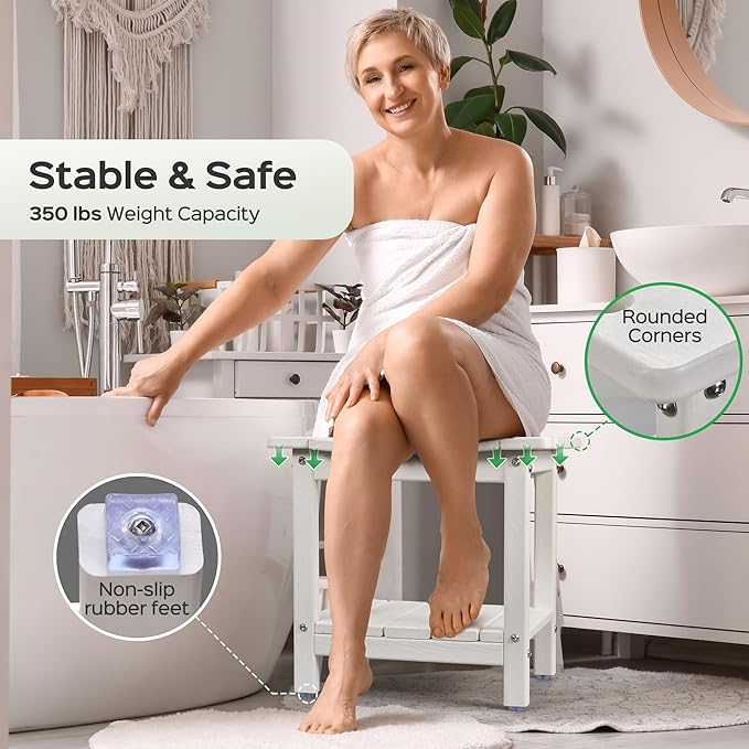 LyriFine Shower Chair for Inside Shower, 18.5 Inch HDPE Waterproof Shower Stool, Shower Chair with Shower Head Holder, 350LBS Sturdy Shower Bench for Elderly Seniors Shaving Legs, White