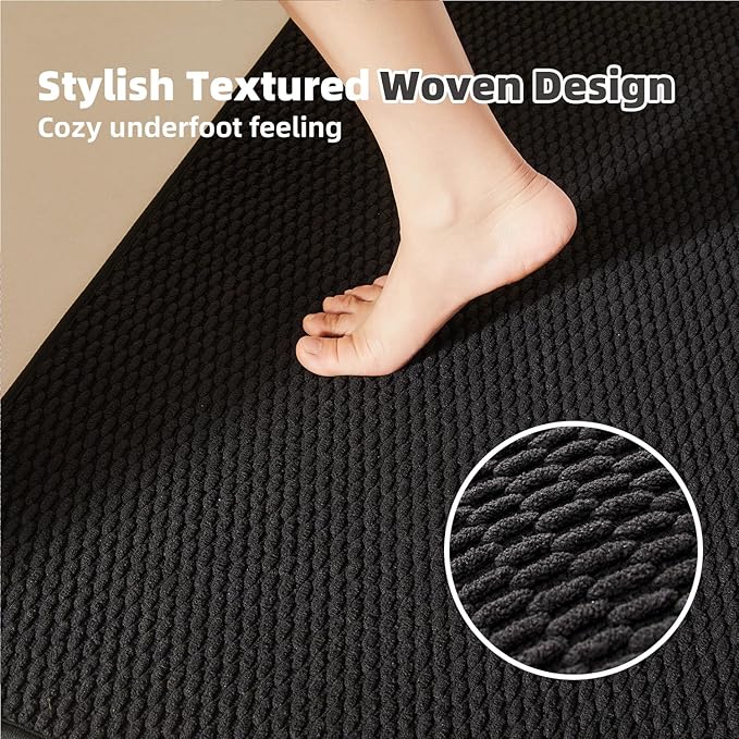 TYUU Black Bathroom Rugs Non Slip Washable, Super Absorbent Thin Bath Mat Quick Dry Low Pile Bathroom Rug, Black 24''x47''