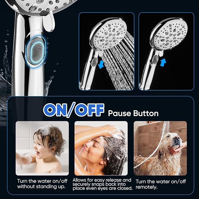 Cobbe 9-Function Shower Head with Built-in Power Spray, 1.8 GPM Water Saving ON/OFF Toggle Switch, High Pressure Handheld Showerhead with 1-Click Pause Button, Brass Bracket & 6ft Hose, Chrome