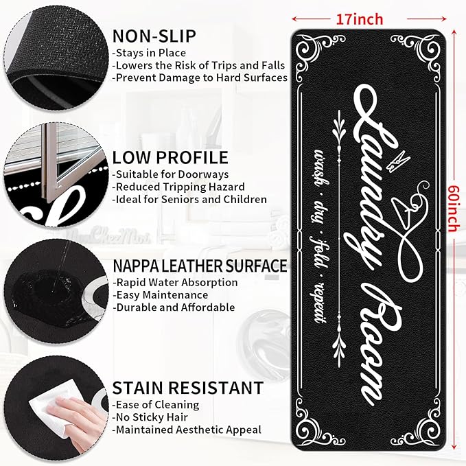 XLHOMO Laundry Room Rug Runner, 17"x60" Non Slip Black Nappa Leather Laundry Rugs, Farmhouse Washable Floor Laundry Mats for Laundry Room, Kitchen, Washroom, Bathroom, Mudroom, Hallway Entryway Decor
