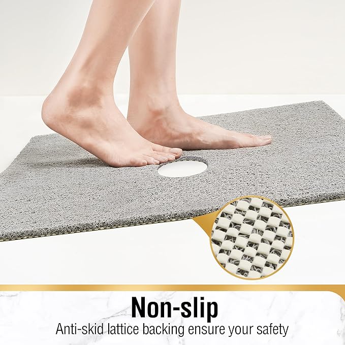 HITSLAM Square Shower Mat, 32 x 32 Inch Non Slip Bath Mat for Tub, Soft PVC Loofah Bathtub Mats with Drain Holes, Quick Drying Bathroom Stall Floor Mat, Bathroom Accessories Without Suction Cup, Grey