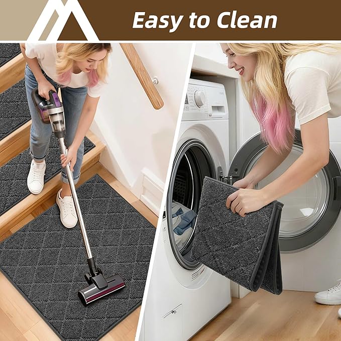 COSY HOMEER Edging Stair Treads Non-Slip Corner Indoor Stair Runners for Wooden Steps,Landing Slip Resistant Stair Rugs Mat for Kids and Dogs,100% Polyester TPE Backing,Black,30x30 inch