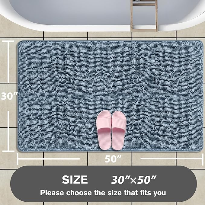 Bathroom Rugs 30 x 50 Inch – Extra Large Bath Mat | Absorbent and Washable Thick Chenille Bath Rugs Non-Slip Runner Rug for Bathroom, Shower, Tub(Blue Fog)