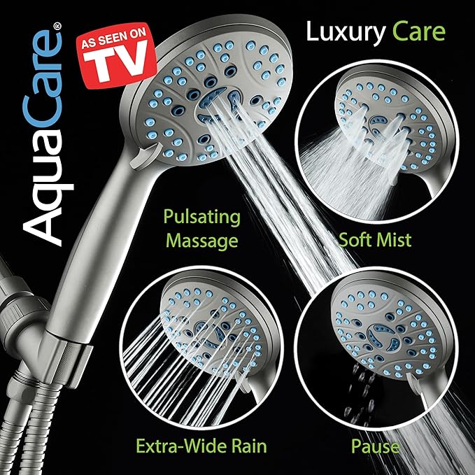 AquaCare High Pressure 8-mode Handheld Shower Head - Anti-clog Nozzles, Built-in Power Wash to Clean Tub, Tile & Pets, Extra Long 6 ft. Stainless Steel Hose, Wall & Overhead Brackets
