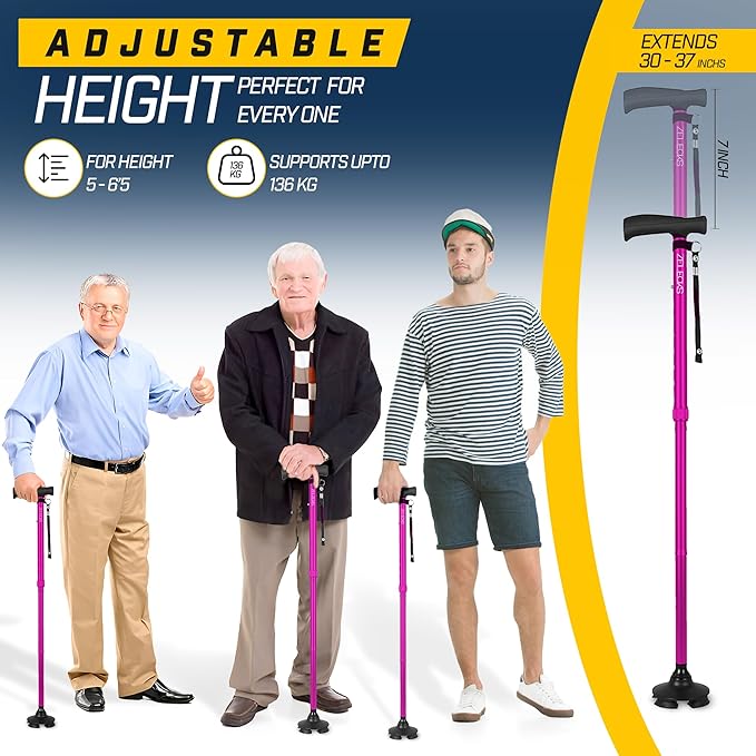 ZELECKS Walking Cane for Women & Men - Self Standing Adjustable Folding Cane with T Handle and 360 Pivot Base - Lightweight Foldable Walking Stick for Seniors - Collapsible Cane for Walking