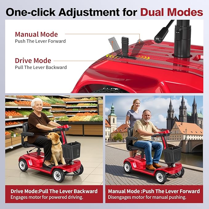Mobility Scooter for Seniors, Red,420 lbs Capacity -12.4 Miles Range 4 Wheel Electric Scooter with Seat, 20° Hill Climb, 300W Motor, Easy to Operate and Foldable