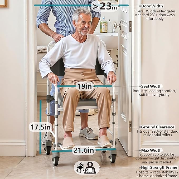 Bedside Commode with Wheels, Shower Wheelchair with 300 LBS Weight Capacity, Portable Toilet with Bucket for Elderly and Disabled