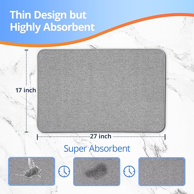 Upgraded Bath Mat 24x36Inch, Thin Bath Mats Rugs with Rubber Backing Non-Slip, Absorbent,Quick Dry Machine Washable, Home Decor Accessories Cozy Cloth Bathroom Rugs fit Under Door/Sink/Tub/Shower-Gray