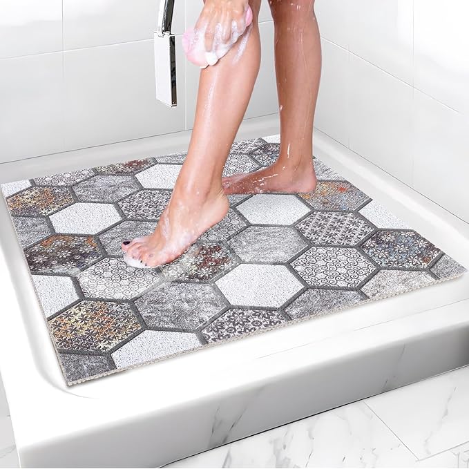 Non Slip Shower Mat: 24 X 24 Inch Stylish Square Shower Mats for Inside Shower - Soft PVC Loofah Trimmable Anti Slip Shower Mat for Elderly, Quick Drying