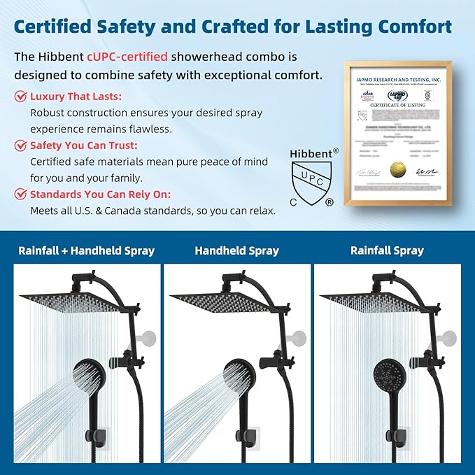 Hibbent All Metal cUPC Certified Shower Head, 8'' High Pressure Rain Shower Head, Handheld Showerhead Combo with 16'' Adjustable Extension Arm, 10 Sprays, 71'' Hose, Shower Holder, Oil Rubbed Bronze