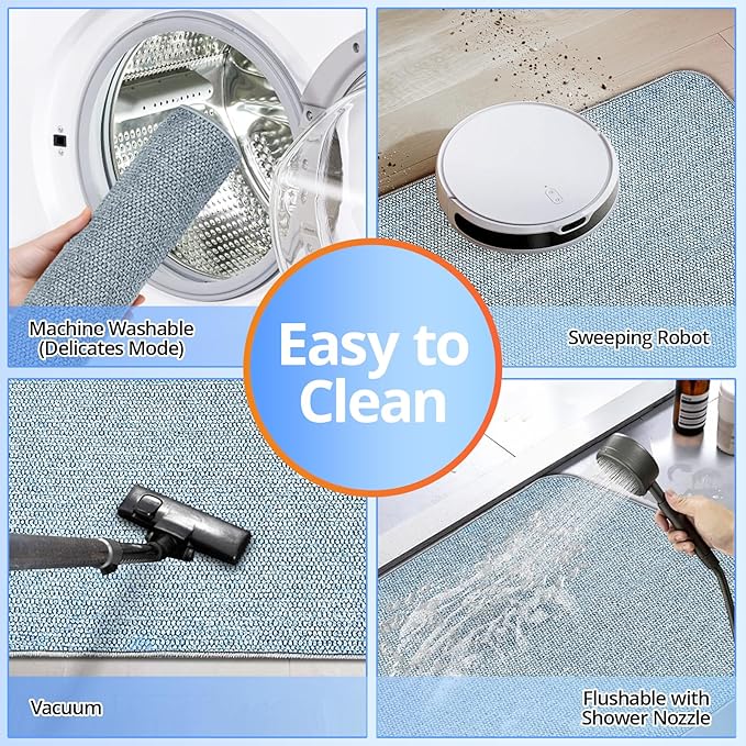 Upgraded Bath Mat 24x36Inch, Thin Bath Mats Rugs with Rubber Backing Non-Slip, Absorbent,Quick Dry Machine Washable, Home Decor Accessories Cozy Cloth Bathroom Rugs fit Under Door/Sink/Tub/Shower-Blue