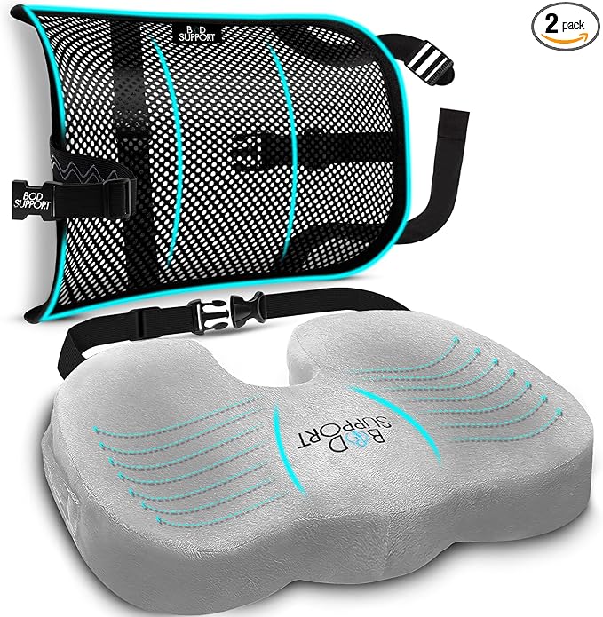 Seat Cushions for Office Chairs with Lumbar Support, Desk Chairs, and Car Seats - Adjustable Straps and Non-Slip Ergonomic Design for Tailbone and Lower Back Pain Relief for All Day Use