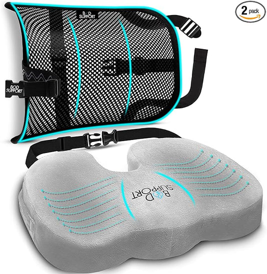 Seat Cushions for Office Chairs with Lumbar Support, Desk Chairs, and Car Seats - Adjustable Straps and Non-Slip Ergonomic Design for Tailbone and Lower Back Pain Relief for All Day Use