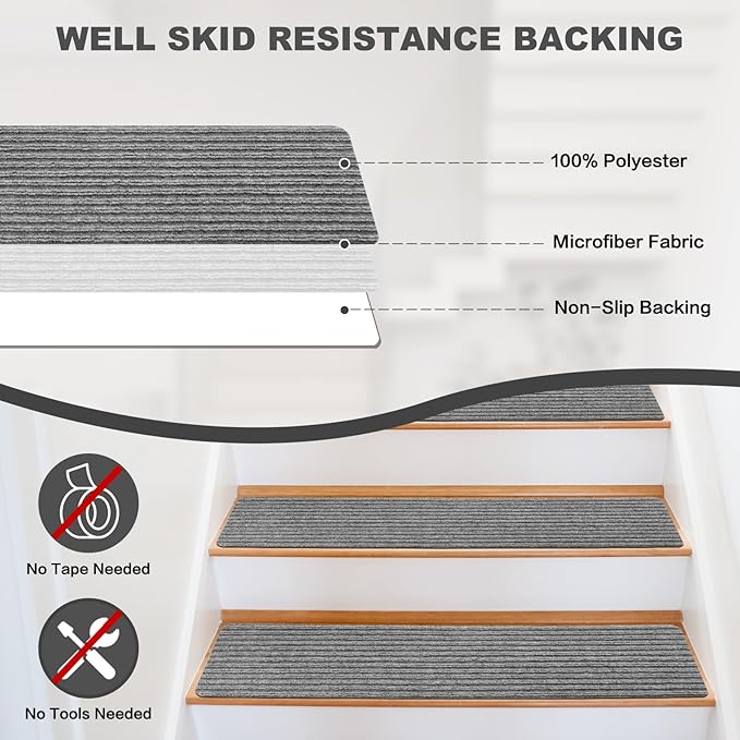 Stair Treads for Wooden Steps - Non Slip Stairs Carpet Tape Peel and Stick with Double Adhesive Tape Set of 15 Stripe- Light Grey