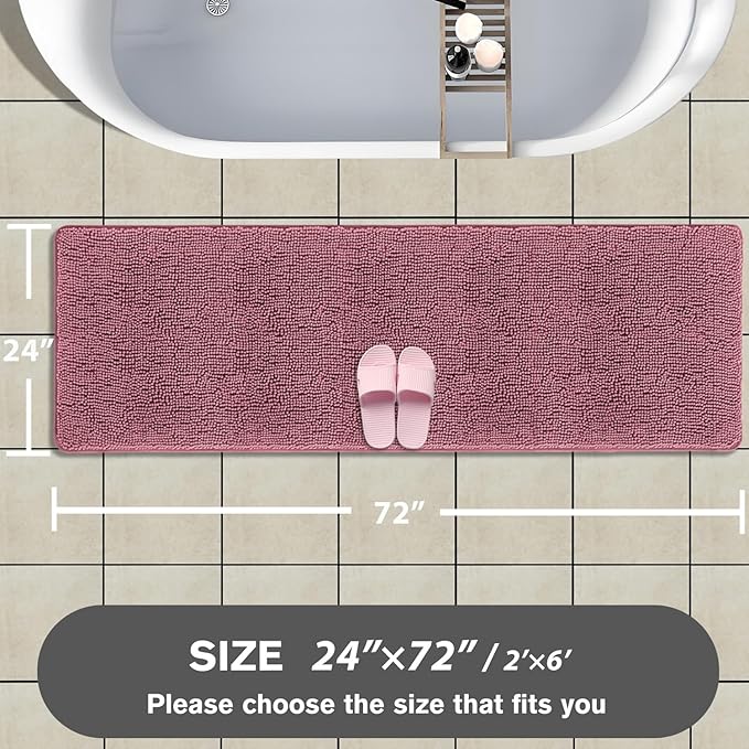 Bathroom Runner Rug 24 x 72 Non Slip – Extra Long Bath Mat | Absorbent and Washable Thick Chenille Runner Rug for Bathroom, Shower, Tub, Sink(Dusty Rose)