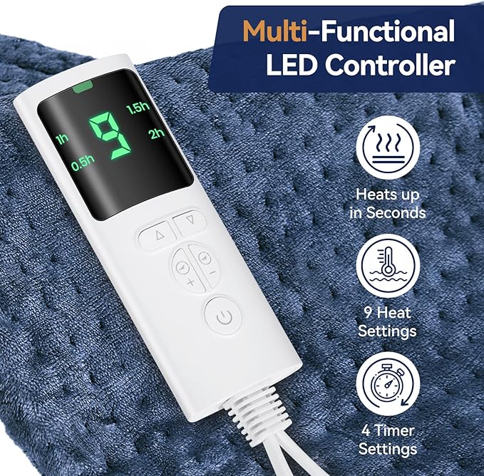 Heating Pad for Back Pain Relief, 24"x12" Electric Heat Pad for Neck, Shoulders, Cramps, Menstrual Pain, 9 Heat Settings & 4 Auto-Off Timers, Soft Flannel, 10FT Cord (Blue)