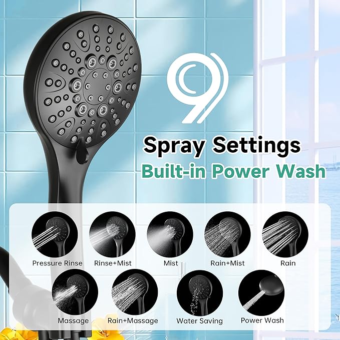 BRIGHT SHOWERS High Pressure Shower Head with Handheld, 9 Spray Settings Showerhead Built in Power Wash to Clean Tub and Pets, Extra Long 69" Hose, Adjustable Bracket, Matte Black