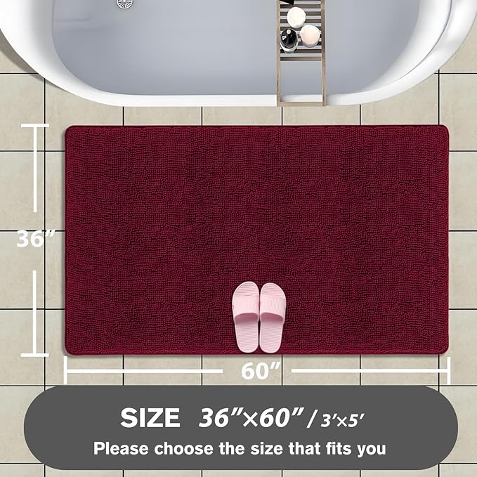 Bathroom Rugs 36 x 60 Inch – Extra Large Bath Mat | Absorbent and Washable Thick Chenille Bath Rugs Non-Slip Runner Rug for Bathroom, Shower, Tub(Vivid Burgundy)