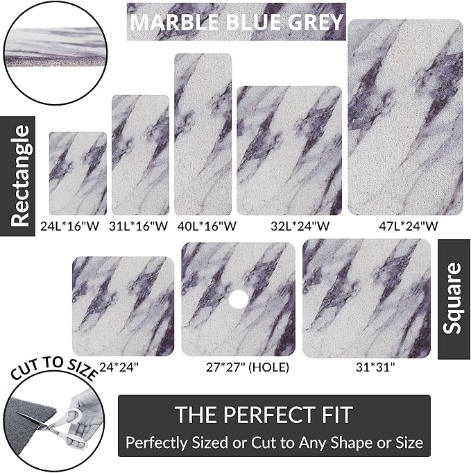 ENKOSI Loofah Non-Slip Shower and Bath Mat - Soft Cushioned Comfort - No Suction Cups for Smooth or Textured Tubs - Fast Draining - Safety for Bathroom, Family, and Elderly (24x16 Marble Grey Blue)