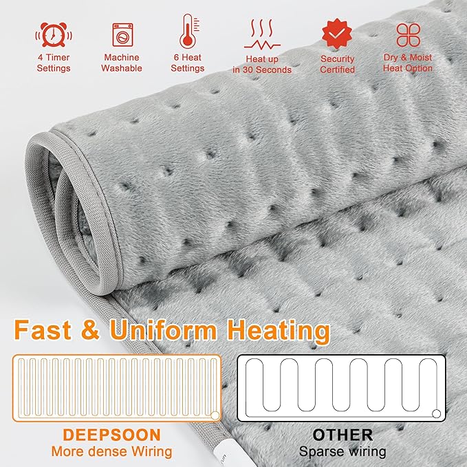 Deepsoon Heating Pad,Electric Heating Pads for Back,Neck,Moist Heating Pad for Abdomen Shoulder Knee Legs,Dry/Moist Heat&Auto Shut Off,Mother's Day Birthday for Men and Women,Light Gray,24x12 Inch