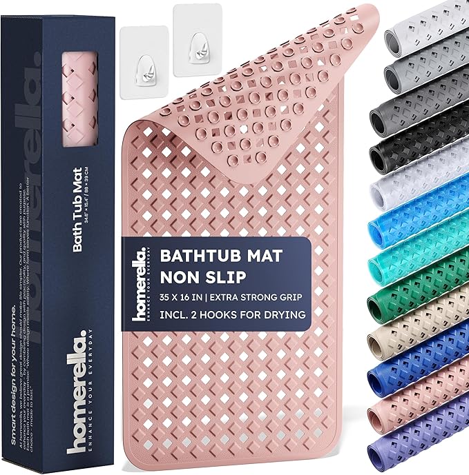 Bathtub Mat Non Slip 35x16 - homerella® Bath Mat Incl. Hooks for Drying, Extra Long, 100% BPA Free, Shower Mat Non Slip Anti Mold, Machine Washable, Shower Mats for Inside Shower Mildew Resistant