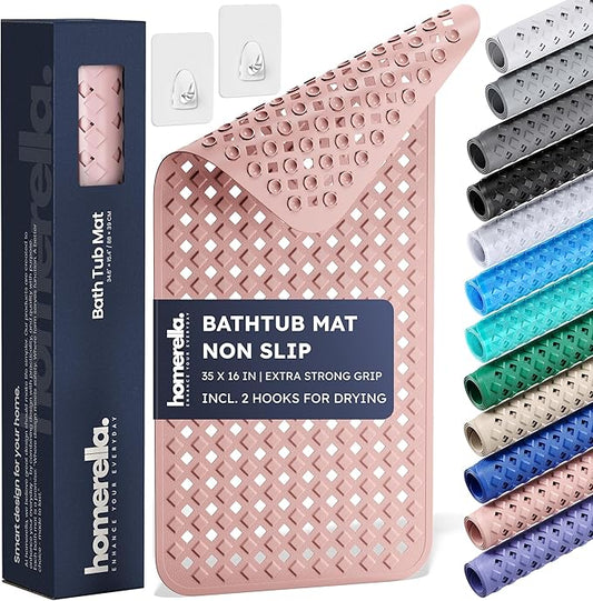 Bathtub Mat Non Slip 35x16 - homerella® Bath Mat Incl. Hooks for Drying, Extra Long, 100% BPA Free, Shower Mat Non Slip Anti Mold, Machine Washable, Shower Mats for Inside Shower Mildew Resistant