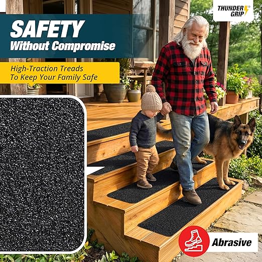 Outdoor Stair Treads Non Slip 30" x 8" - 8-Pack Weather Resistant Exterior Grip Tape for Wooden Steps - Non Slip Stair Treads - Anti Skid Strips - Waterproof 80-Grit Adhesive Tread by Thunder Grip