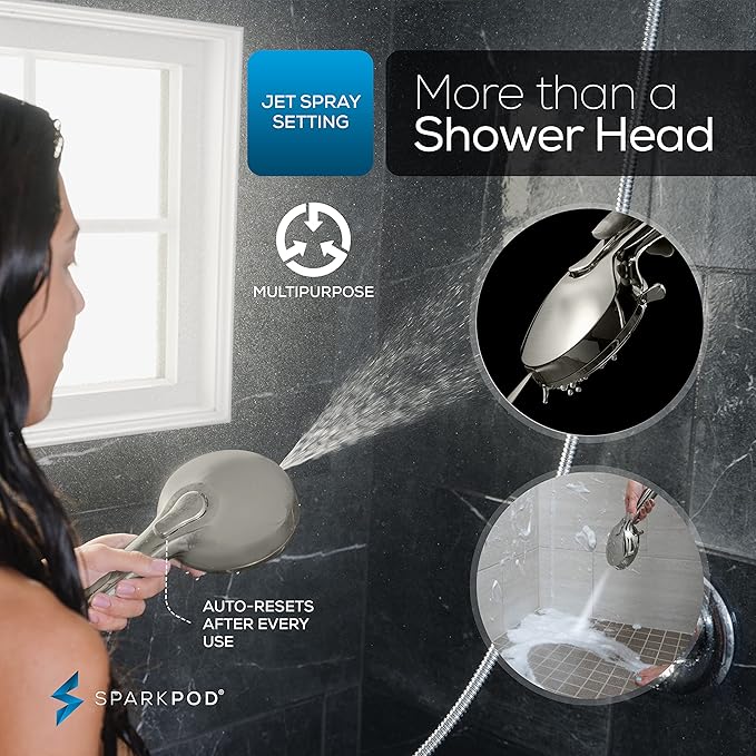SparkPod 5 Inch Handheld Brushed Nickel Shower Head - 9 Spray Settings With On/Off Switch - Pulsating Rain Mode - Feeling Of An Oasis - Auto-Resets After Every Use - Resort Quality - Durable