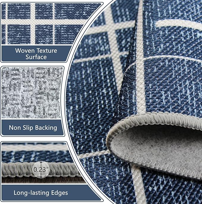 Washable Runner Rug 2x6, Blue Modern Distressed Stripe, Hallway Runner Rug Non Slip, Woven Thin No Shed Runners for Entryway, Kitchen, Laundry Room- Blue