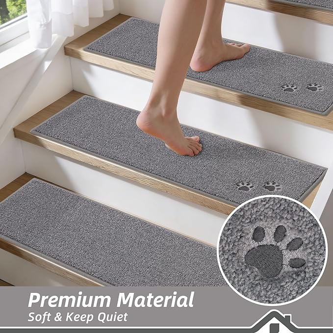 BEQHAUSE Stair Treads for Wooden Steps 28inX9in, Non Slip Carpet Stair Treads Indoor Stair Runners Machine Washable, Soft Stair Rugs Mat Surface Polyester TPE Backing, 4pcs, Grey