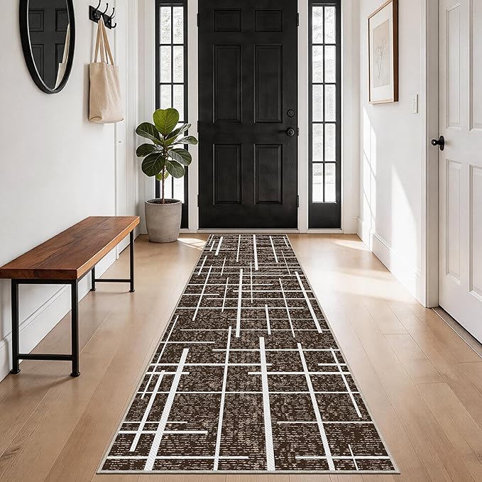 Non Slip Hallway Runner Rug 2x8,Modern Distressed Stripe, Washable Long Rug, Woven Thin Low Pile Carpet Runners for Hallway 10ft Entryway, Kitchen, Walkway- Brown