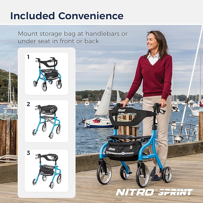 Drive Medical Nitro Sprint Foldable Rollator Walker with Seat - Lightweight Support - Large Wheels - Compact Folding Design - Adjustable Comfort - Standard Size - Blue