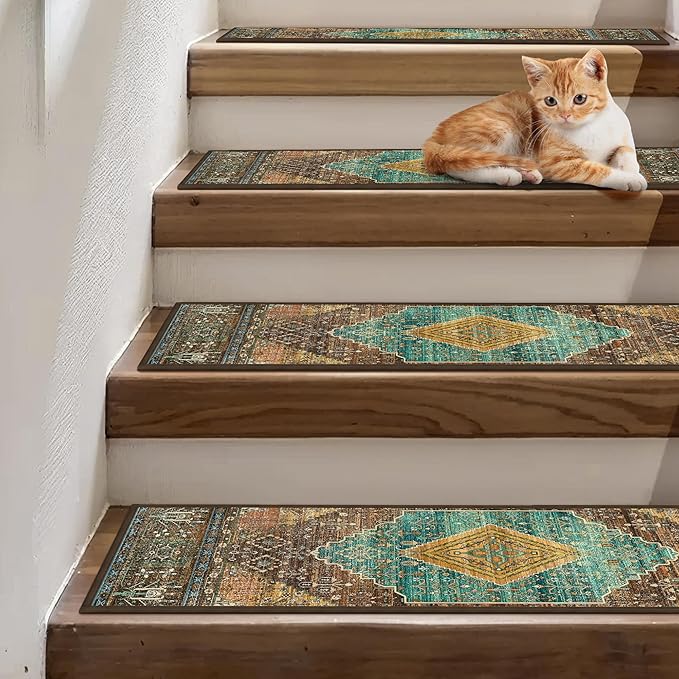 sarben Non Slip Stair Treads for Wooden Steps 15PCS - 8"x30" Indoor Safety Carpet, Edging Mats with TPE Adhesive Backing, Pet and Elderly Friendly Stair Rugs (Amber&Cyan)